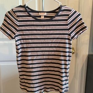 Gray red and white striped shirt